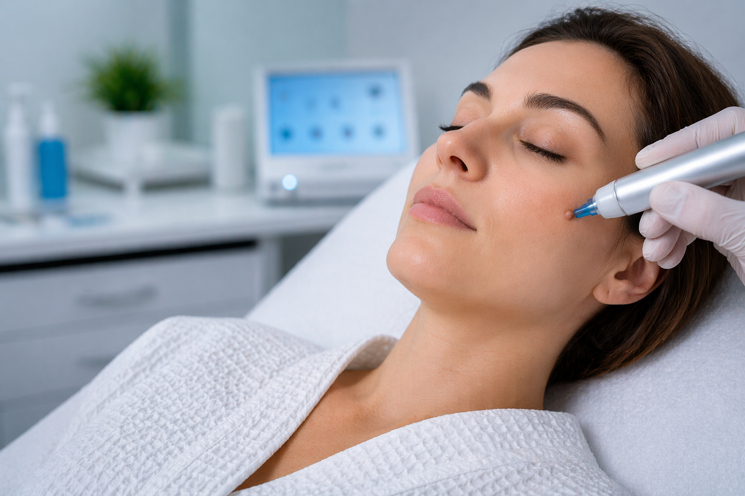 A close-up of a person's skin with a small mark, softly lit to show texture and detail.